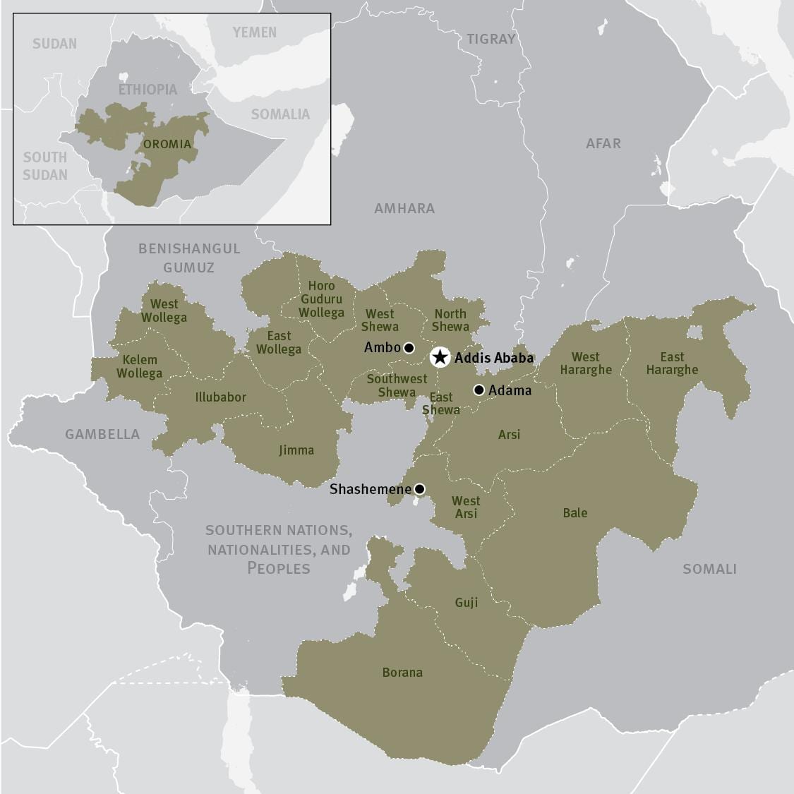 карта на oromia регионот во Етиопија
